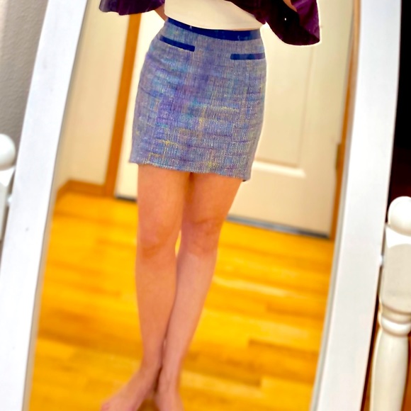 ☔️ ASTR the Label Blue 🌈 Multi Tweed Leather Trim Hi Low Skirt Sz Small - Picture 3 of 16